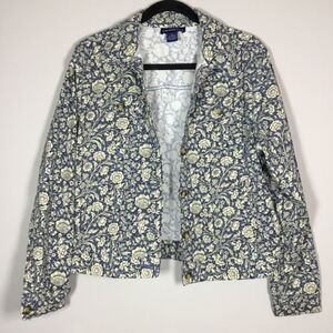 Like new denim jacket blue with cream flowers all over pattern cotton blend Sz M